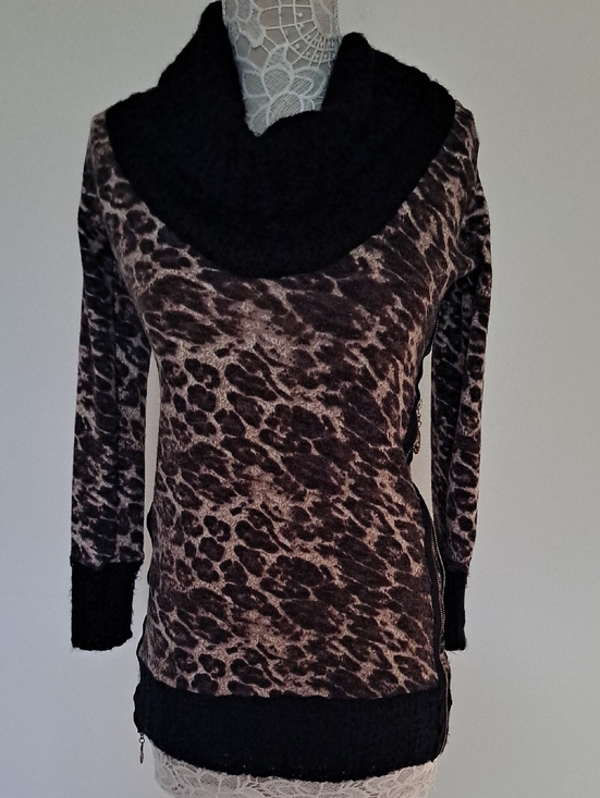GRAYCHILD Sweaters - Women's Leopard Print Cowl Neck Sweater - Black & Brown